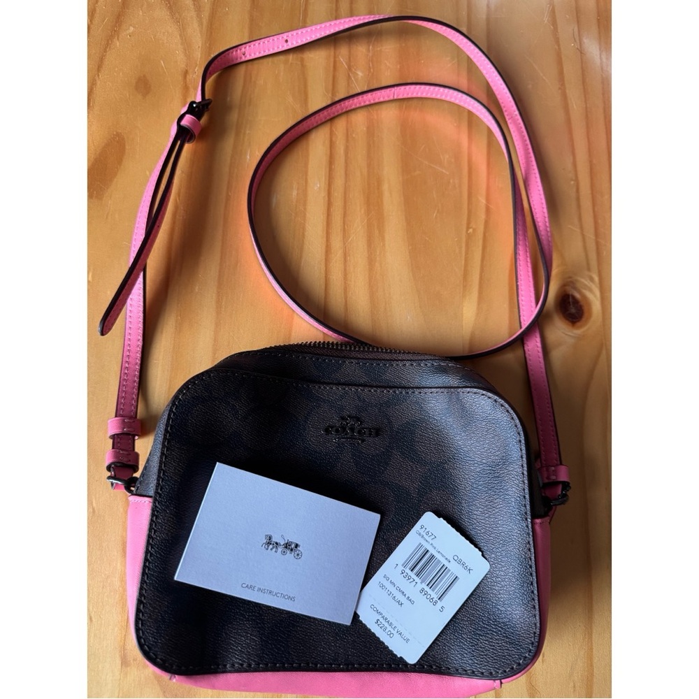Authentic Coach Mini Camera Crossbody | Signature Canvas + Pink Trim (New)